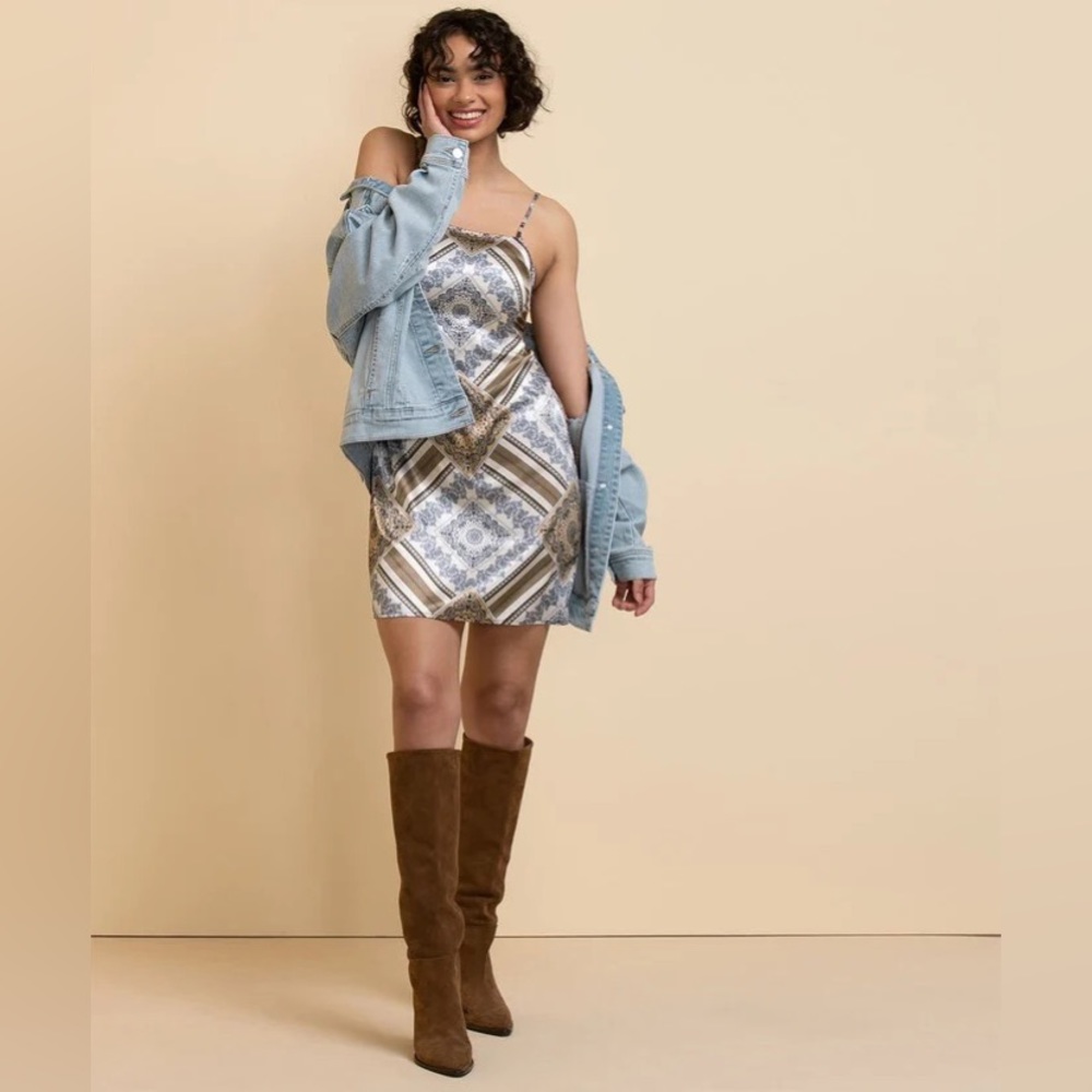 Ricki’s Satin Brown Tan Scarf Paisley Tie-Back Strappy Spaghetti Strap Dress - Picture 4 of 4